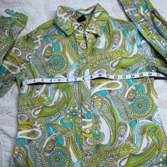 Gap Psychedelic Retro Button Down Green Blue Paisley Floral Cotton Women XS - Picture 5 of 9